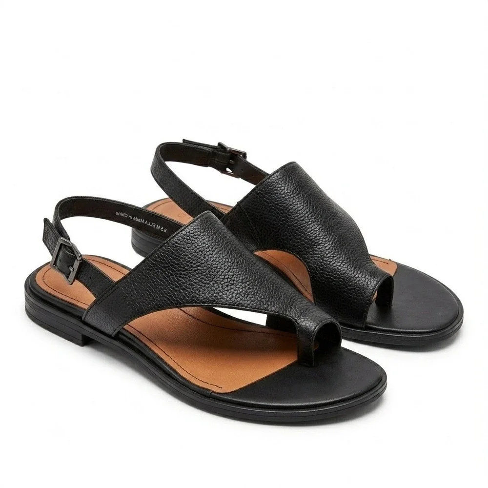 Vionic Ella Toe Loop Sandal Womens 8.5 Black Leather Slingback Comfort Shoe